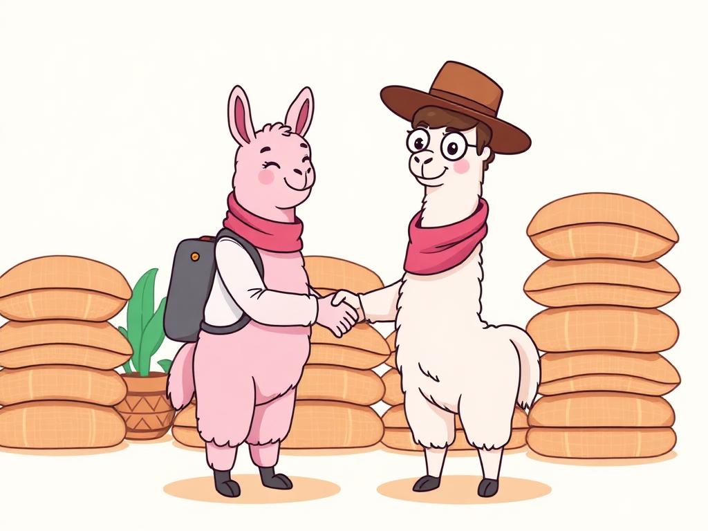 Pinky Llama shaking hands with a cooperative manager