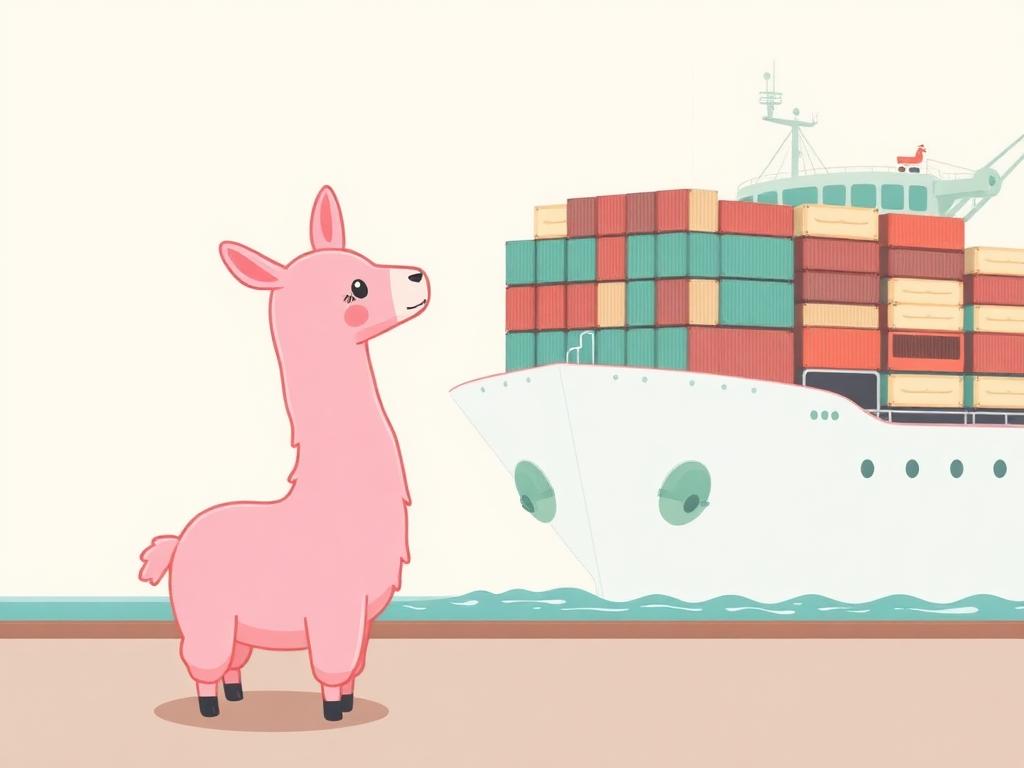 Pinky Llama at the port watching a container ship
