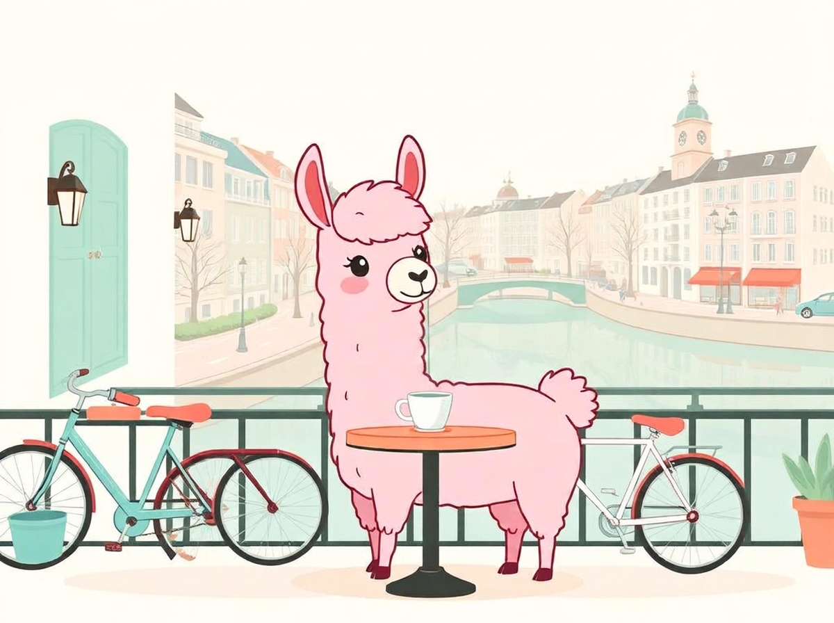 Pinky Llama drinking filter coffee at a Berlin cafe