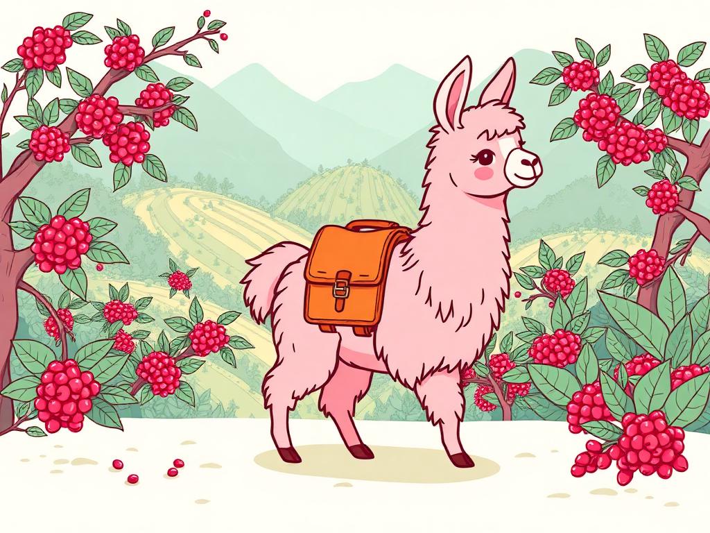Pinky Llama in an Andean cloud forest coffee farm