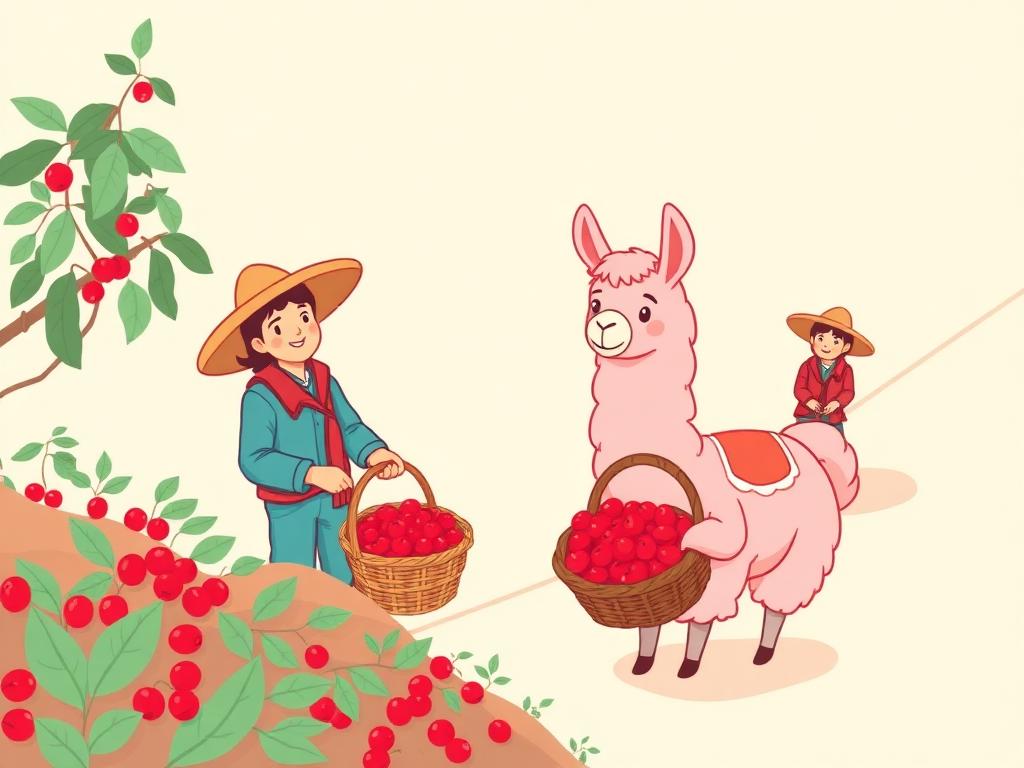 Pinky Llama picking coffee cherries with farmers